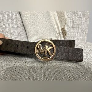 Michael Kors Women's Brown Logo Reversible Belt with Gold MK Buckle